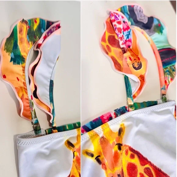 CAROLINA K. Giraffe Print Ruffle Sleeve One Piece Boho Swimsuit - Picture 11 of 16